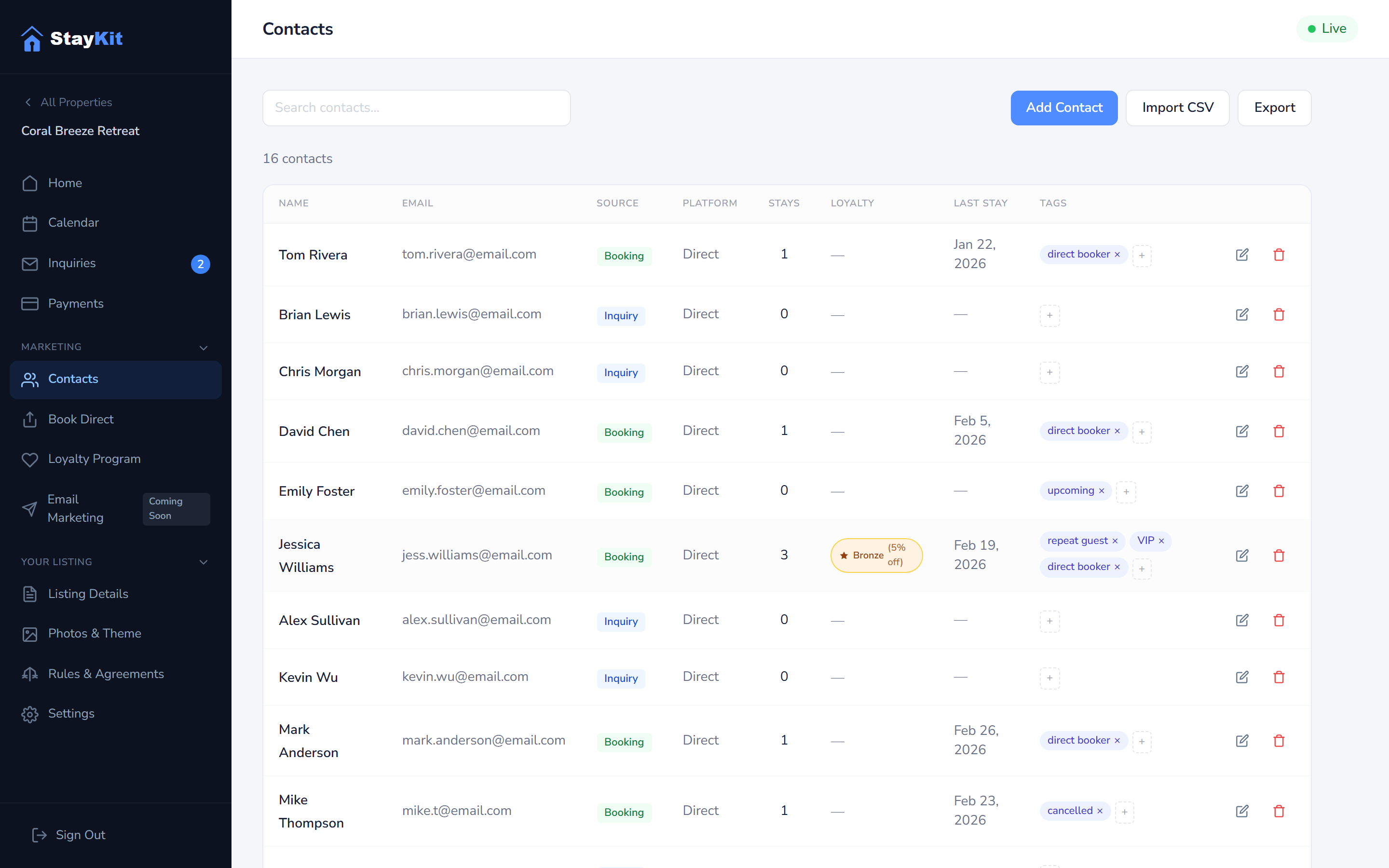 StayKit guest contact management dashboard